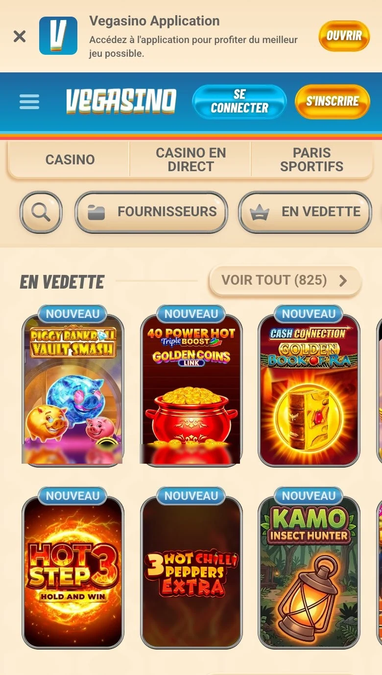 Vegasino Casino application mobile : lobby des jeux sur smartphone